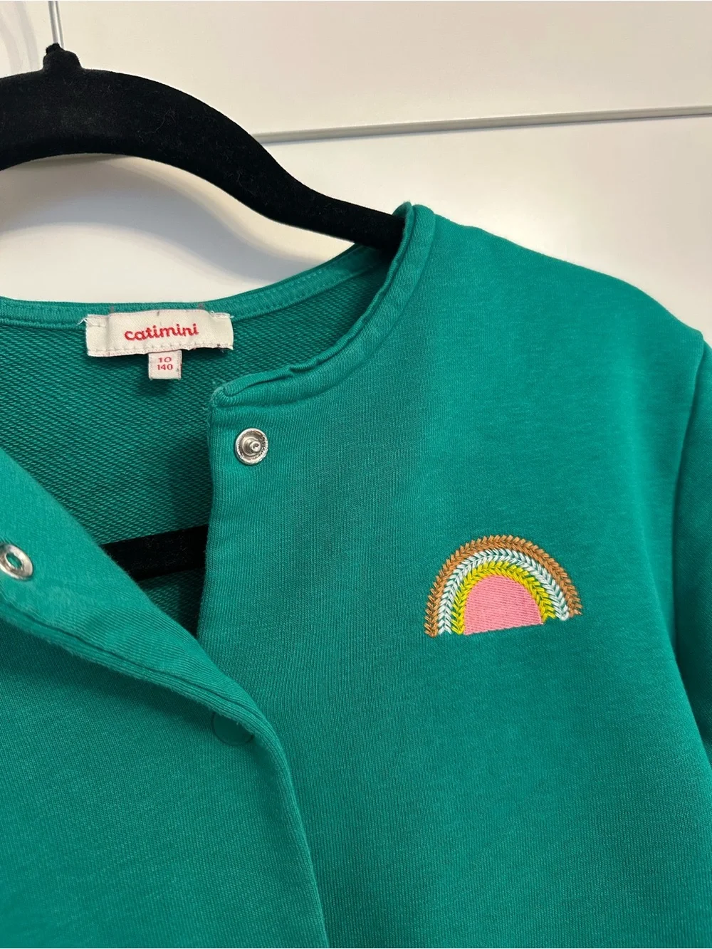 Catimini Teal Crewneck Cardigan with Rainbow Patch